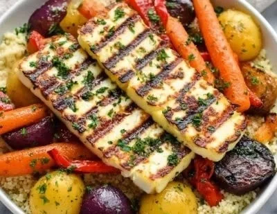 Griddled vegetables and halloumi served over couscous, garnished with herbs.