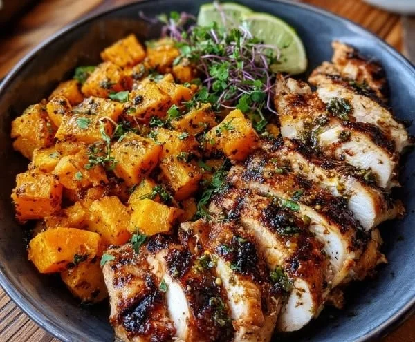 Grilled chicken and sweet potato bowl with fresh vegetables