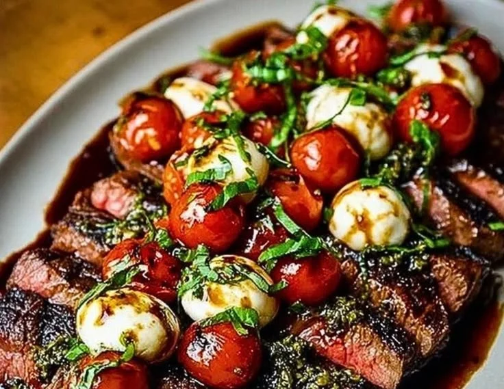 Grilled flank steak caprese with balsamic dressing on a plate