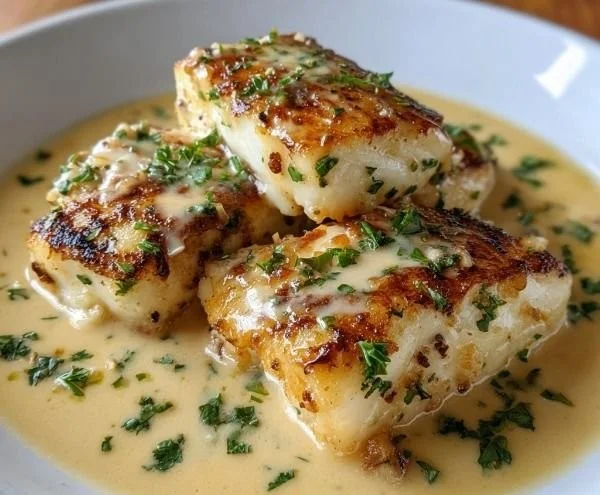 Halibut fillet with zesty lemon beurre blanc sauce on a plate