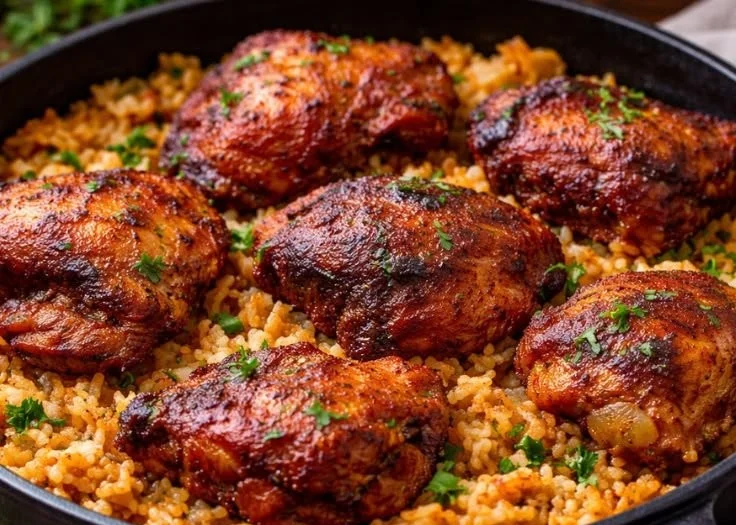 Healthy Cajun Chicken served with rice on a plate