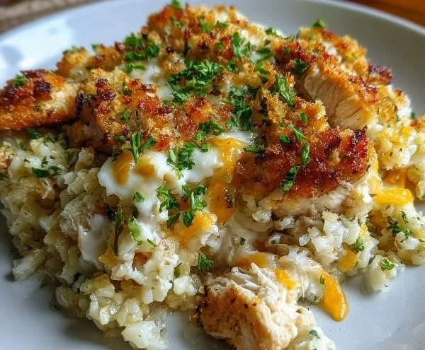 Healthy chicken cauliflower rice casserole topped with herbs in a baking dish