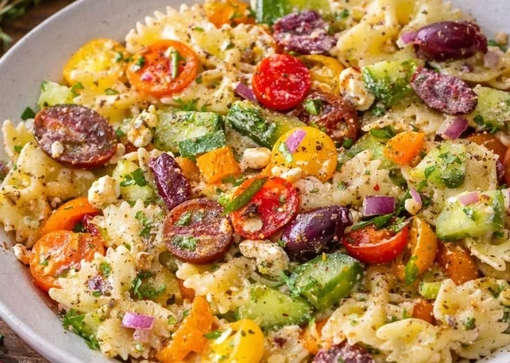 Healthy Greek Pasta Salad with fresh vegetables and olives
