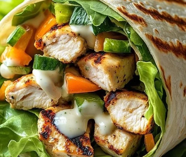 Healthy grilled chicken ranch wraps ready to serve with fresh vegetables