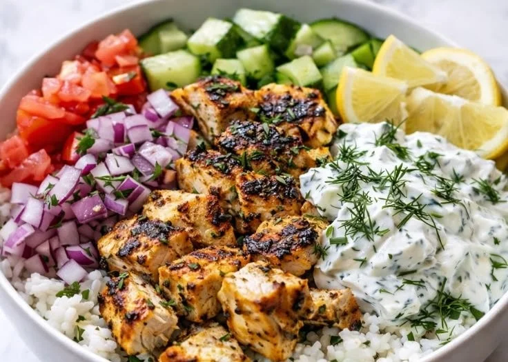 Healthy lemon dill chicken bowl with fresh herbs and vegetables