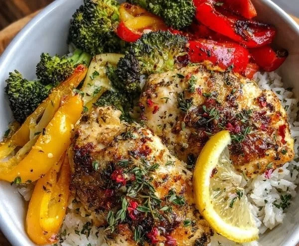 Healthy lemon garlic chicken meal prep bowl with vegetables