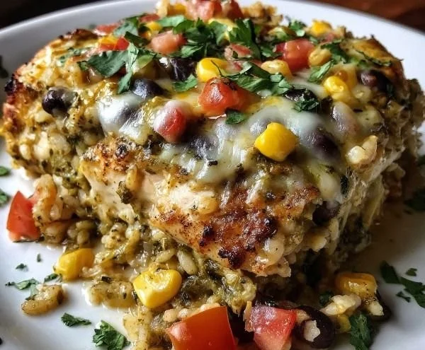 Healthy salsa verde chicken casserole topped with fresh ingredients