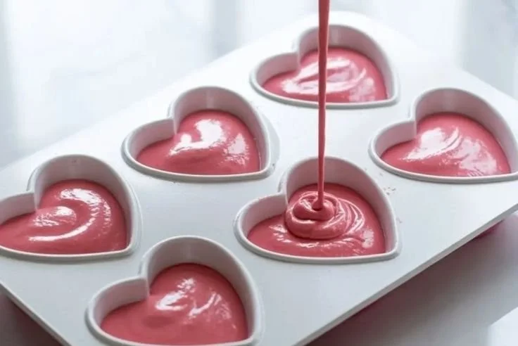 Heart-shaped raspberry mousse dessert with fresh raspberries on top