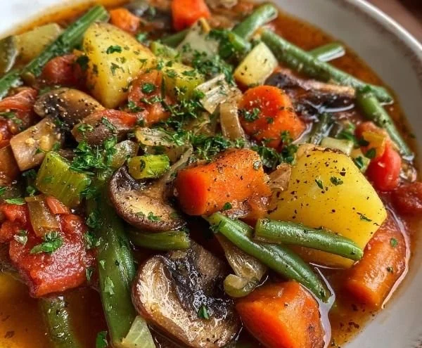 Bowl of Hearty Irish Vegetarian Stew with fresh vegetables and herbs