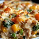 Delicious high-protein casserole in a baking dish with fresh vegetables.