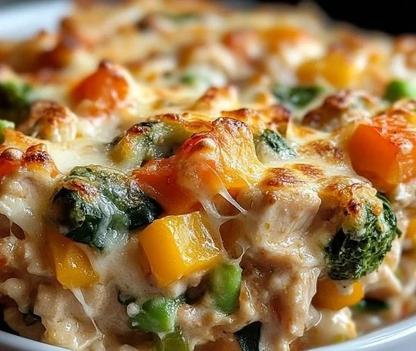 Delicious high-protein casserole in a baking dish with fresh vegetables.