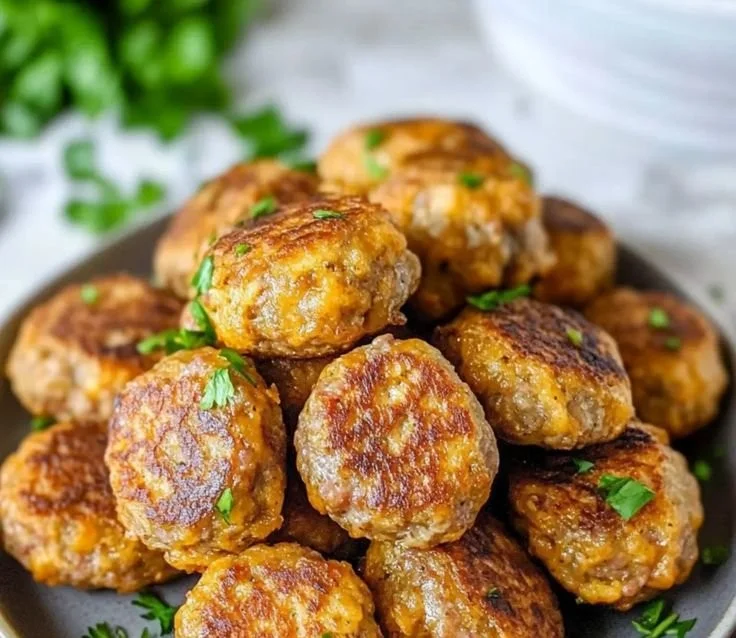 High-protein pancake sausage bites served on a plate