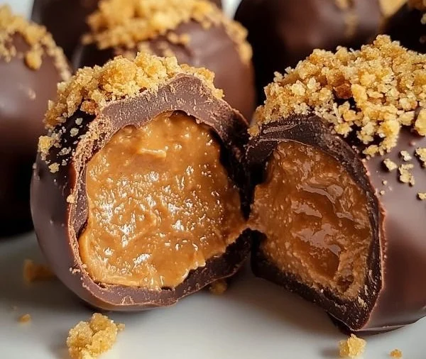 Homemade Butterfinger balls with chocolate coating and peanut butter filling