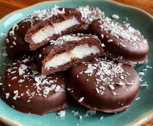Homemade peppermint patties on a plate with chocolate coating and mint filling.