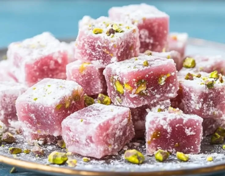 Bowl of homemade Turkish Delight with pistachios, a traditional sweet treat.