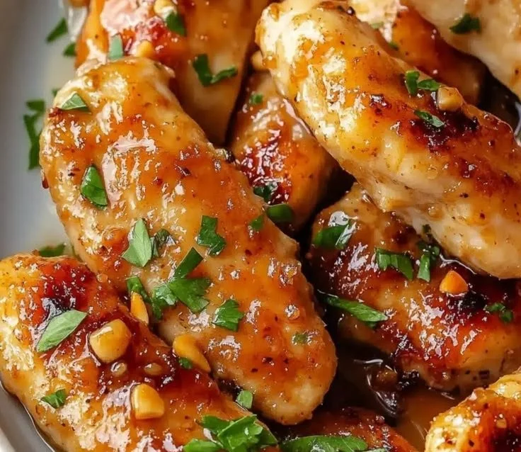 Plate of crispy Honey Garlic Chicken Tenders garnished with herbs