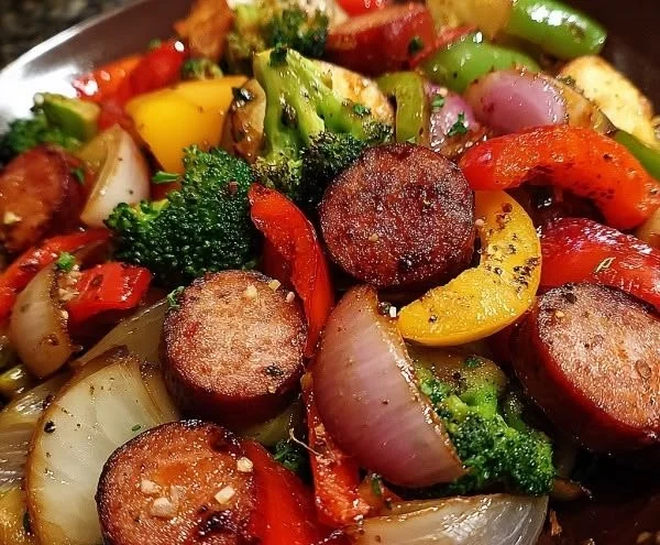 Honey Garlic Kielbasa with mixed veggies on a plate