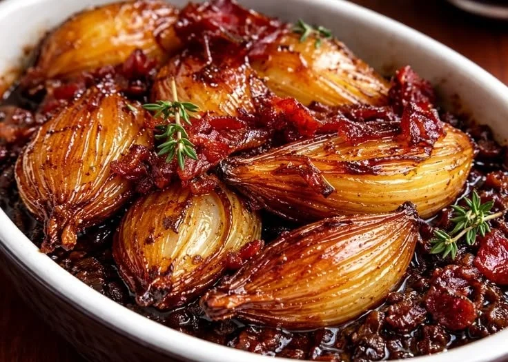 Honey-glazed shallots with crispy bacon served on a plate.