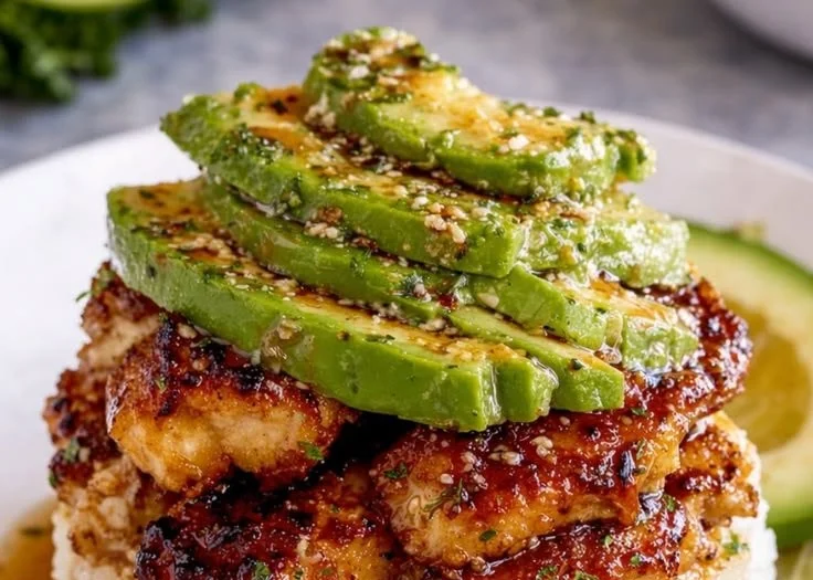 Honey Lime Chicken served with Avocado Rice Stack on a plate