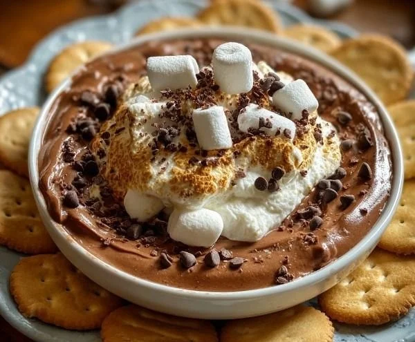 Delicious hot cocoa dip served with marshmallows and chocolate sprinkles