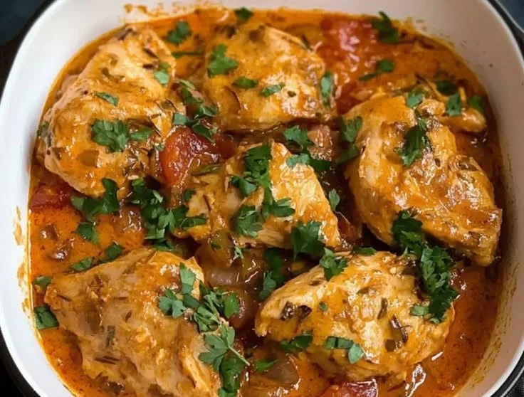 Delicious plate of Hungarian Chicken Paprikash with creamy paprika sauce