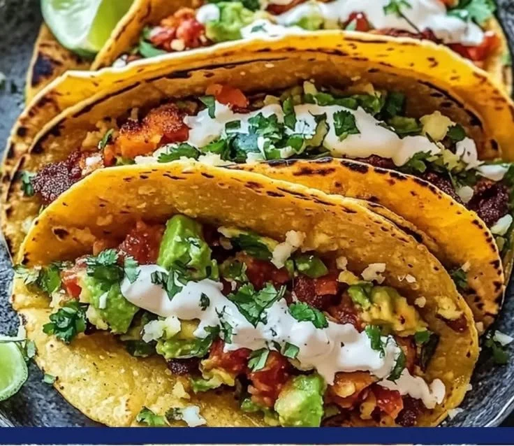 Plate of Irish Tacos topped with creamy mashed potatoes and garnished with herbs.