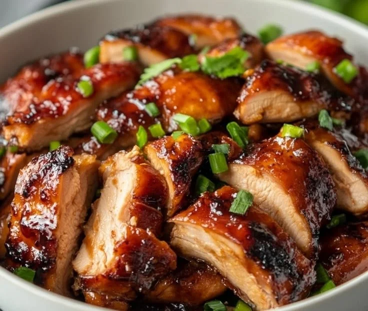 Delicious Char Siu Chicken beautifully glazed and served on a plate.