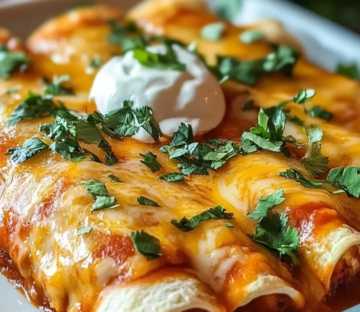Delicious chicken enchiladas served on a plate garnished with fresh cilantro.