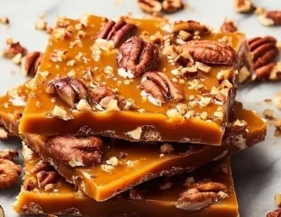 Delicious homemade Southern pecan toffee with a golden caramel finish