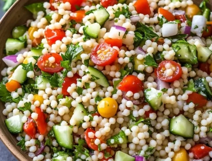 Colorful Israeli Couscous Salad with vegetables and herbs for summer meals