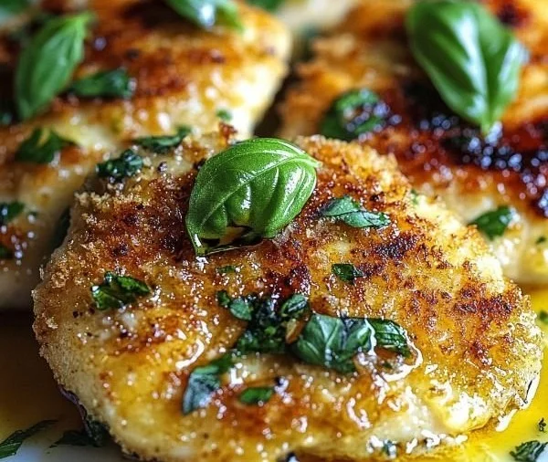 Italian Basil Chicken Cutlets garnished with fresh basil leaves on a plate.