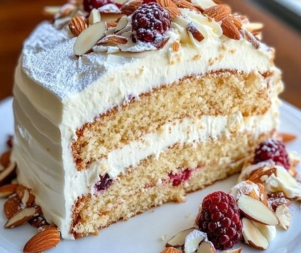 Slice of Italian Cream Cake topped with cream cheese frosting and sprinkled with pecans.