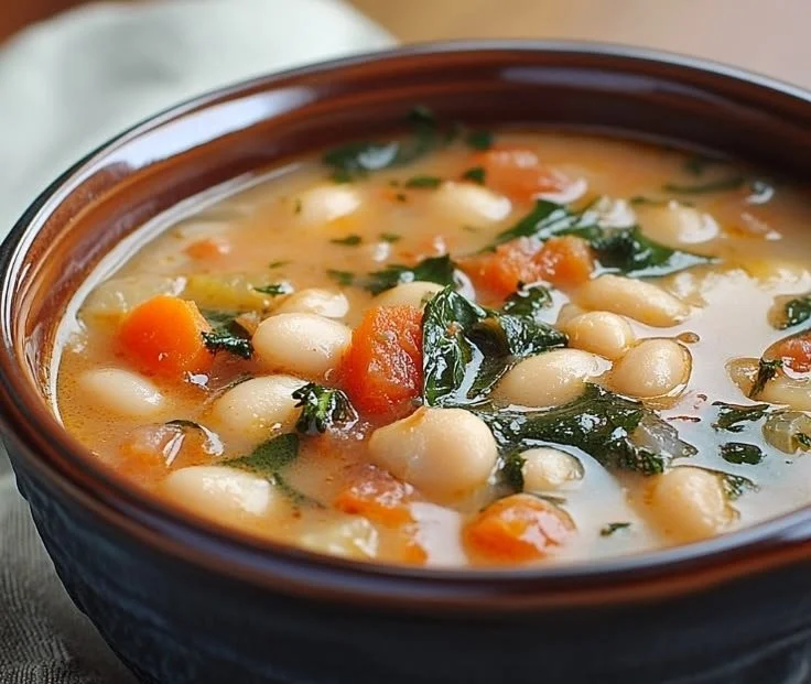 Bowl of Ina Garten's flavorful Tuscan Soup garnished with herbs