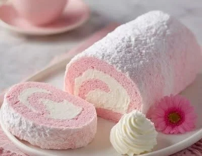 Fluffy Japanese cotton candy Swiss cake roll topped with colorful sprinkles.