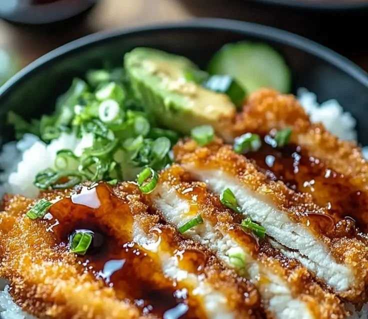 Delicious Japanese Katsu Bowl topped with Tonkatsu sauce and crispy vegetables