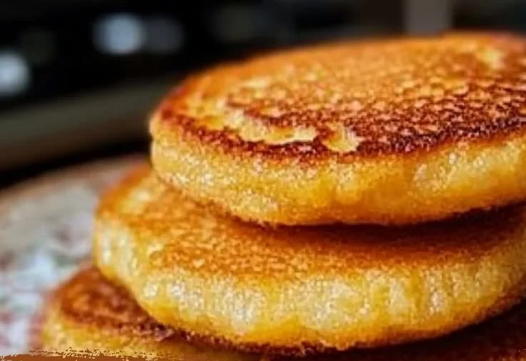 Plate of fluffy Jiffy cornbread pancakes topped with syrup and butter