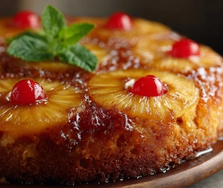 Moist and delicious Pineapple Upside-down Cake with caramelized pineapple slices