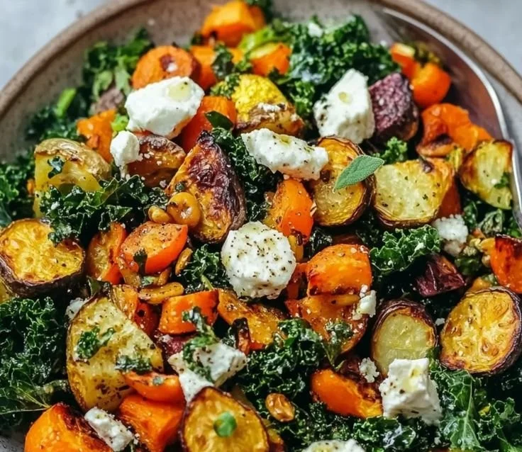 Kale Salad with assorted roasted vegetables in a bowl