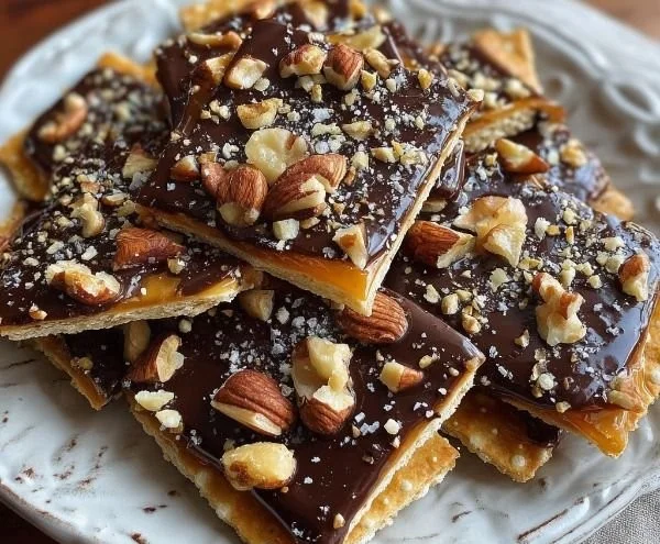 Keto Christmas Saltine Toffee on a festive table