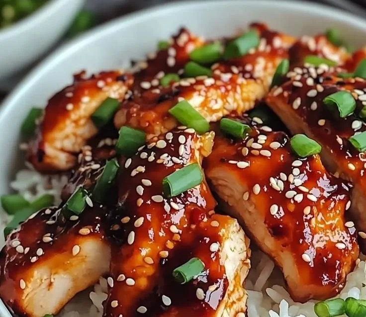 Delicious Gochujang Chicken served with rice and vegetables