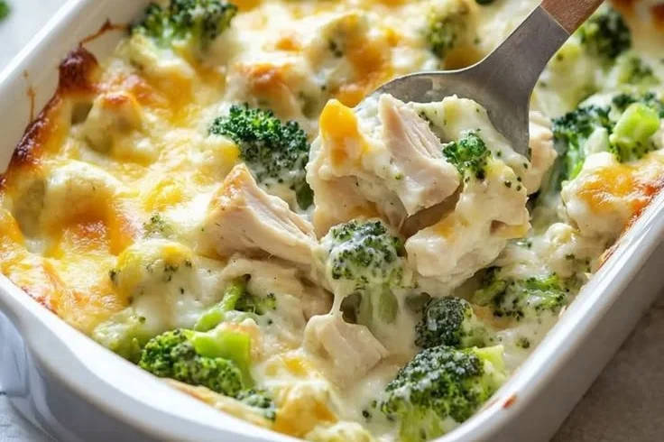 Cheesy turkey and broccoli casserole dish with crispy topping