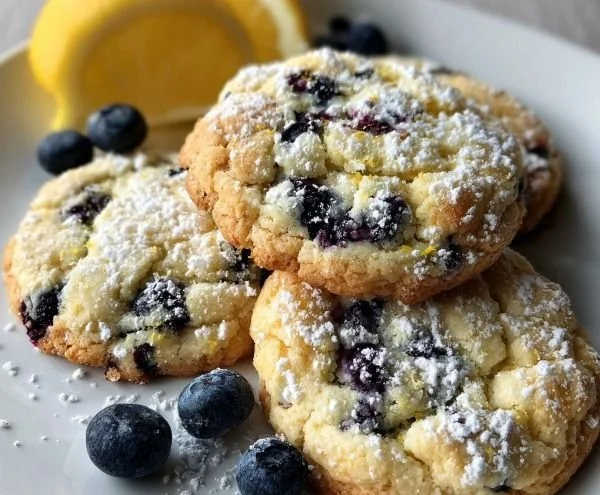 Plate of Lemon Blueberry Cheesecake Cookies drizzled with lemon glaze