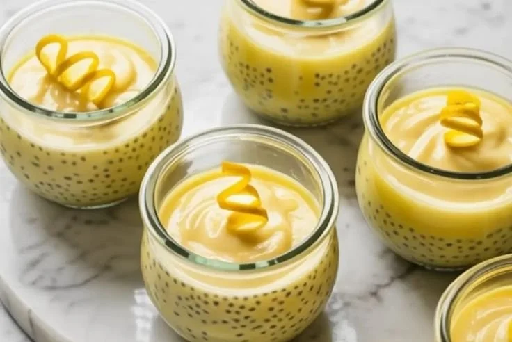 Delicious Lemon Chia Pudding served in a clear bowl with fresh lemon slices