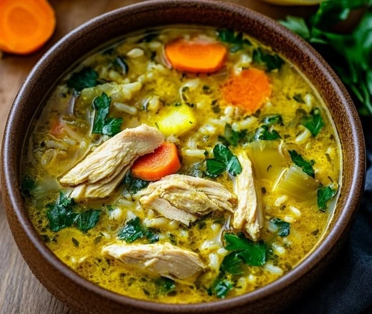 Bowl of lemon ginger turmeric chicken and rice soup with fresh herbs
