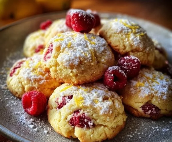 Lemon-infused raspberry cookies on a plate, showcasing their vibrant colors and textures.