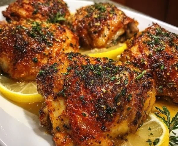 Lemon Paprika Roasted Chicken Thighs garnished with herbs on a serving plate.
