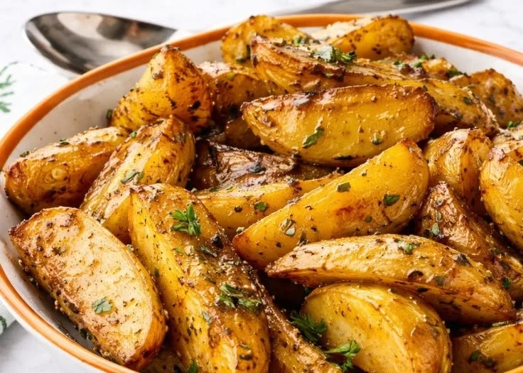 Lemon roasted Greek potatoes with herbs and spices in a dish