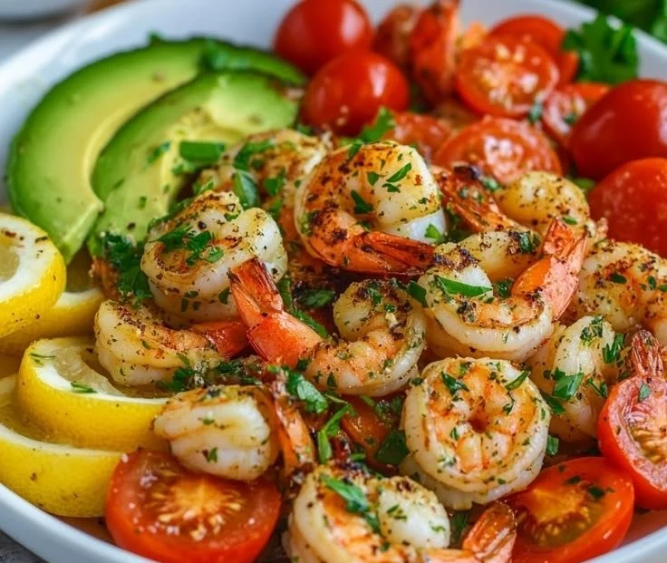 Lemony shrimp avocado tomato salad with fresh ingredients in a bowl.