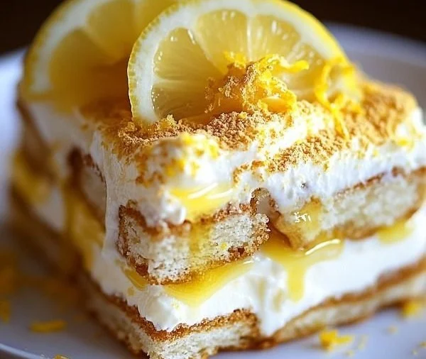 Delicious Limoncello Tiramisu dessert with layers of lemon and creamy mascarpone.