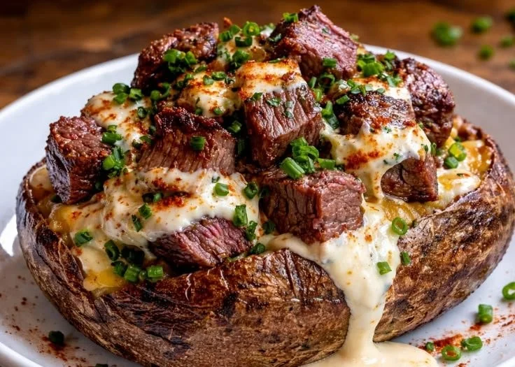 Delicious loaded baked potato with steak bites, garnished and ready to serve.